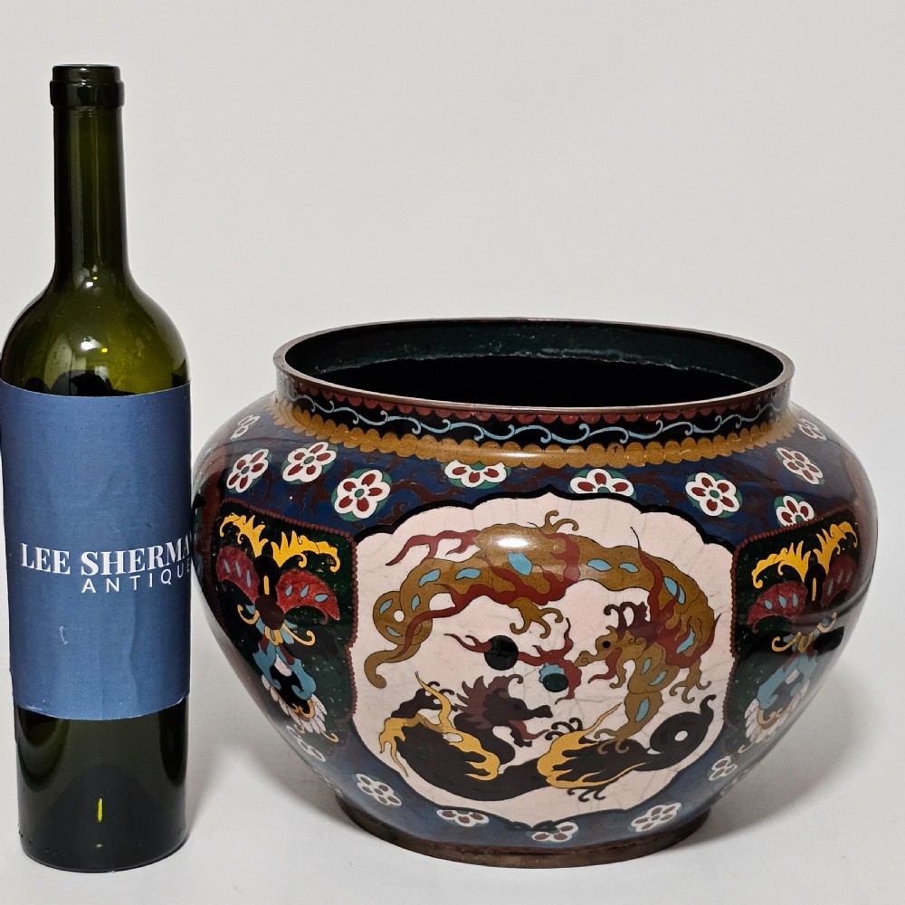 Large Vintage Chinese Cloisonne Jardinere - Serpent and Dragon Motif - Fancy Floral Border Design View XI