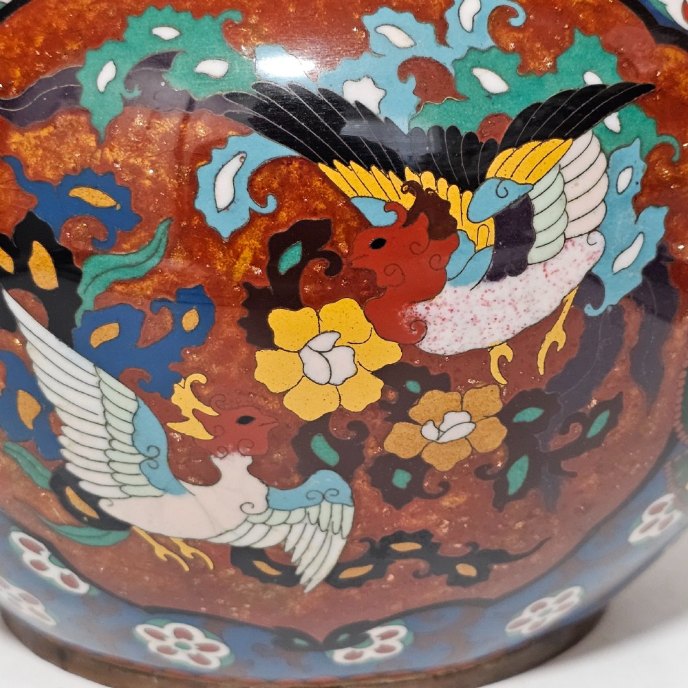 Large Vintage Chinese Cloisonne Jardinere - Serpent and Dragon Motif - Fancy Floral Border Design View XII