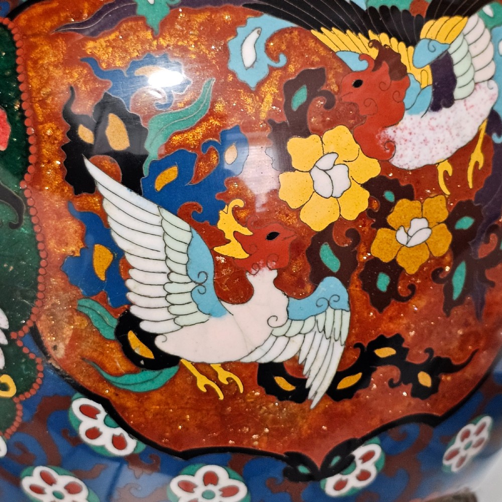 Large Vintage Chinese Cloisonne Jardinere - Serpent and Dragon Motif - Fancy Floral Border Design View XIII
