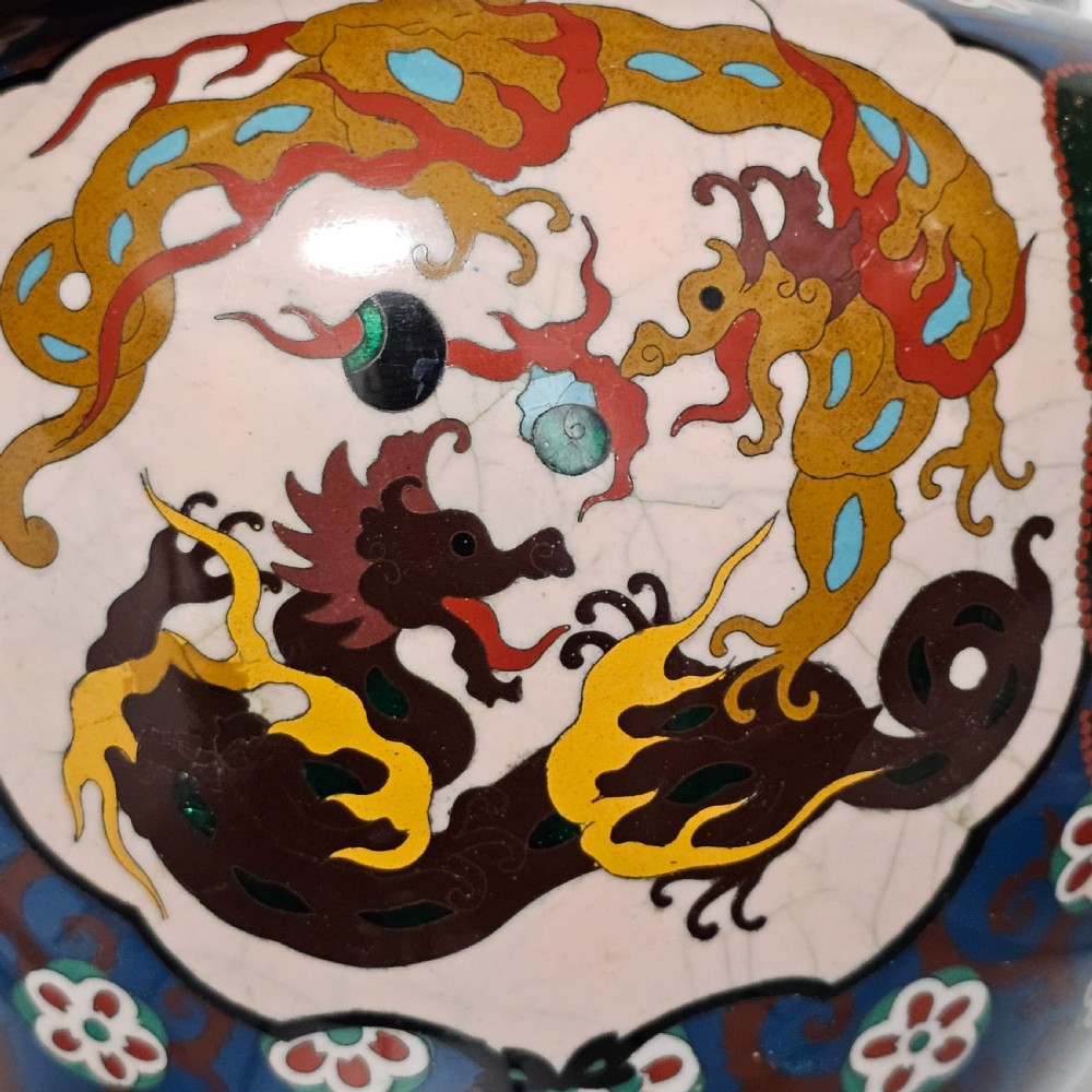 Large Vintage Chinese Cloisonne Jardinere - Serpent and Dragon Motif - Fancy Floral Border Design View XIV