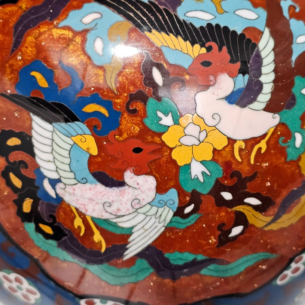Large Vintage Chinese Cloisonne Jardinere - Serpent and Dragon Motif - Fancy Floral Border Design View XV