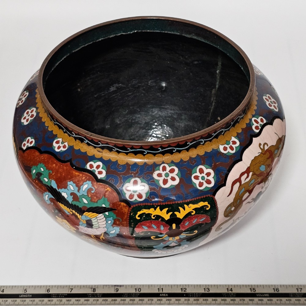 Large Vintage Chinese Cloisonne Jardinere - Serpent and Dragon Motif - Fancy Floral Border Design View XVI