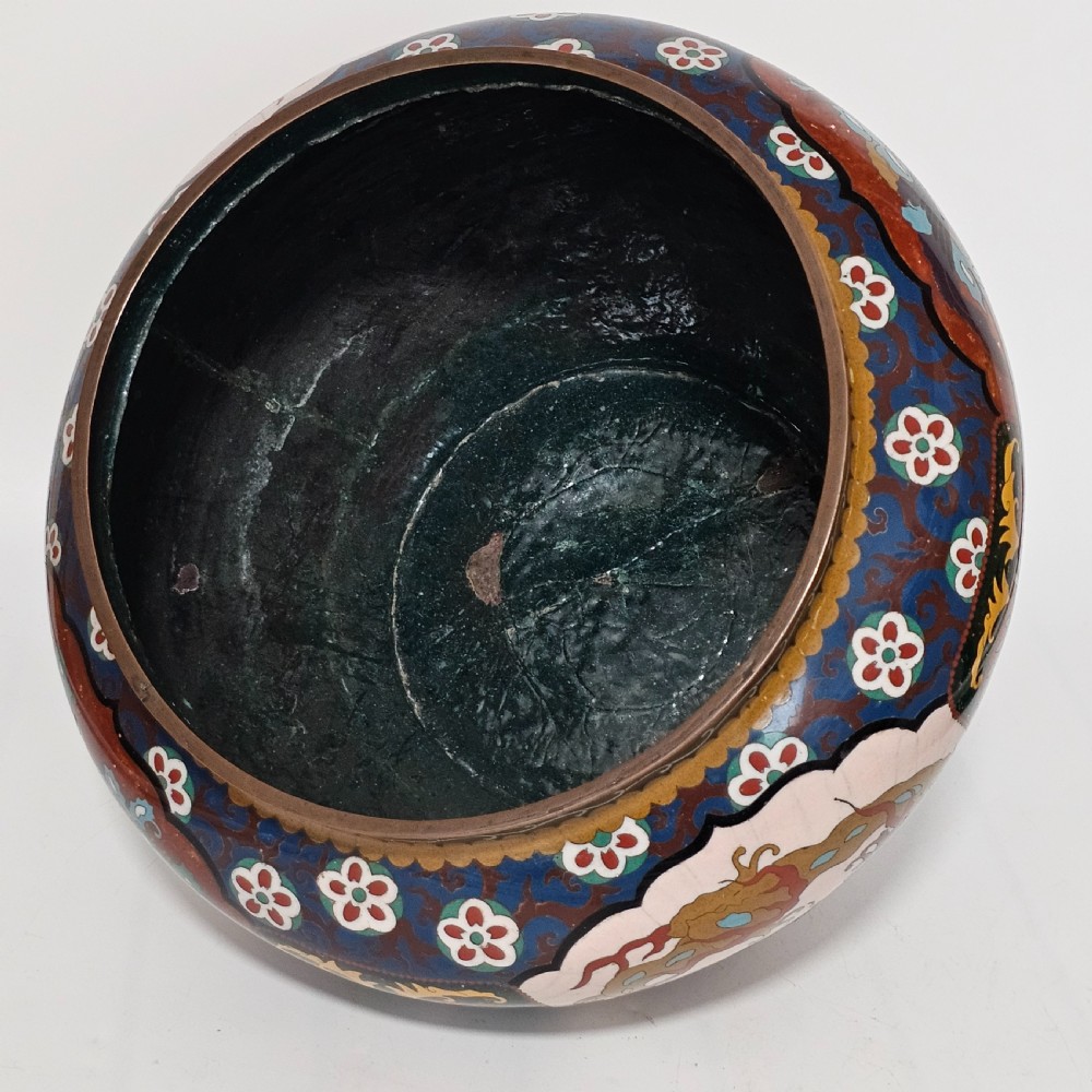 Large Vintage Chinese Cloisonne Jardinere - Serpent and Dragon Motif - Fancy Floral Border Design View XVII