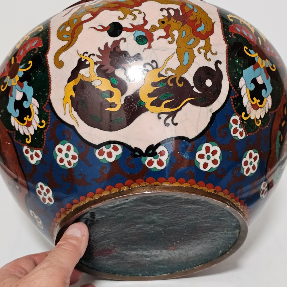 Large Vintage Chinese Cloisonne Jardinere - Serpent and Dragon Motif - Fancy Floral Border Design View XVIII