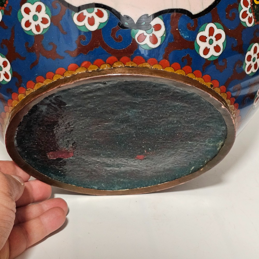 Large Vintage Chinese Cloisonne Jardinere - Serpent and Dragon Motif - Fancy Floral Border Design View XIX