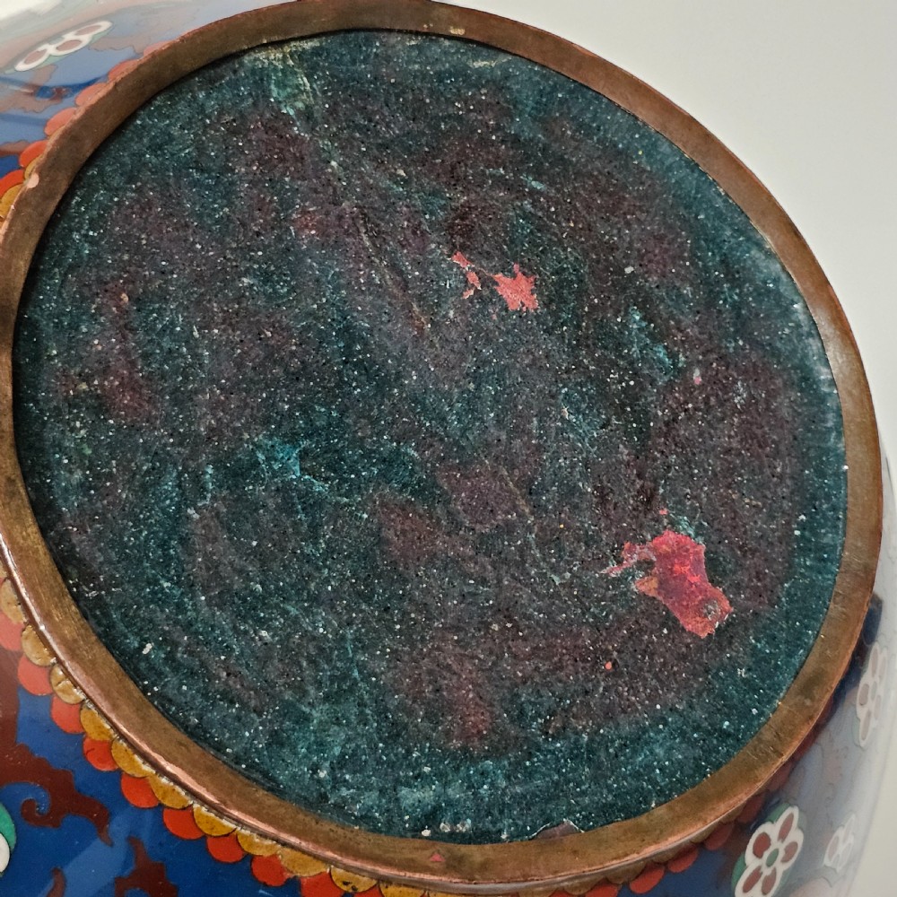 Large Vintage Chinese Cloisonne Jardinere - Serpent and Dragon Motif - Fancy Floral Border Design View XX