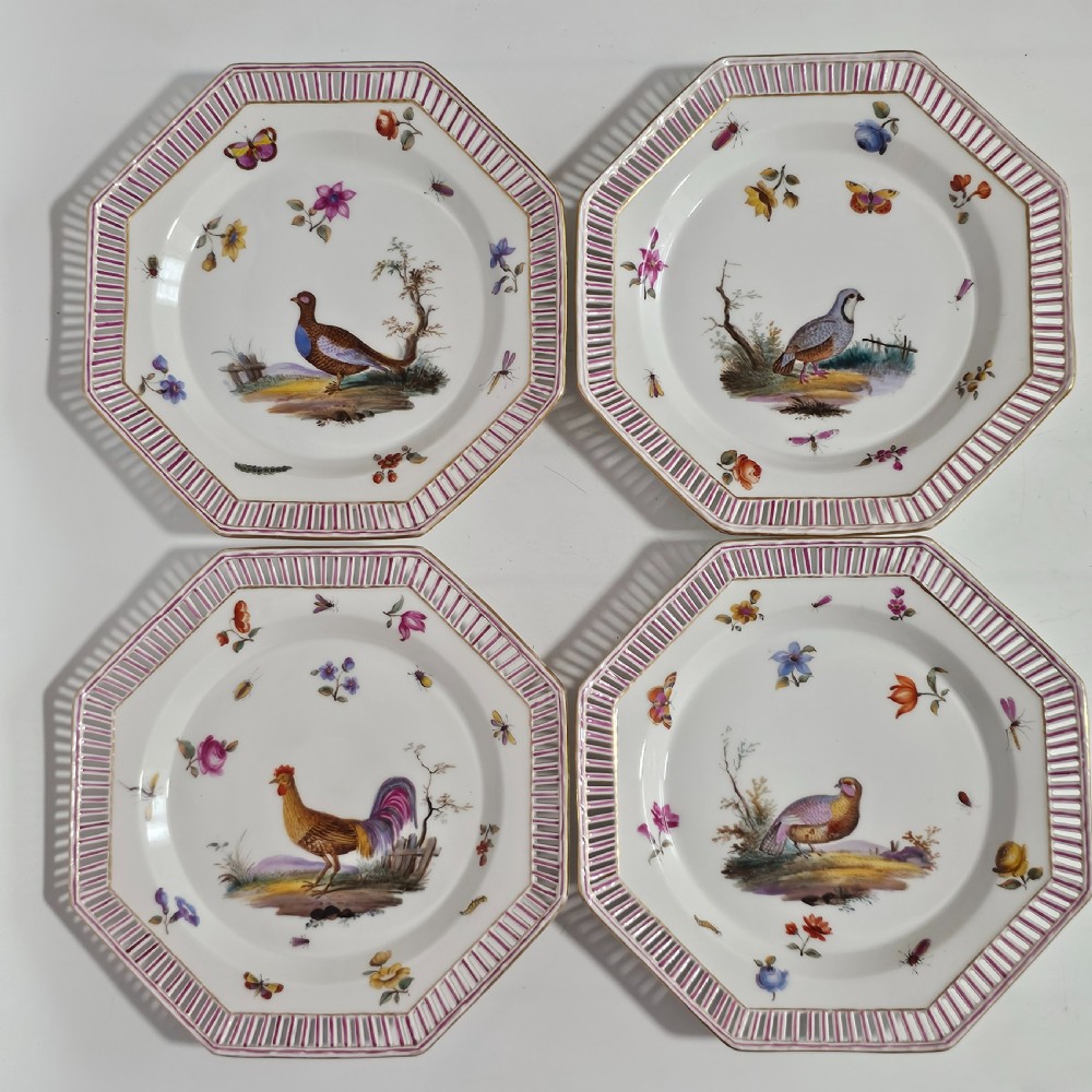 Four Antique KPM Berlin porcelain Octagonal Fretted Painted Plates 