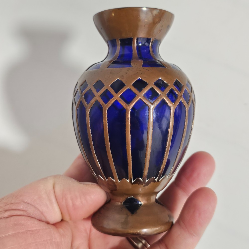 Attractive Jugendstil Copper & Cobalt Blue Glass Vase c1910 View VI