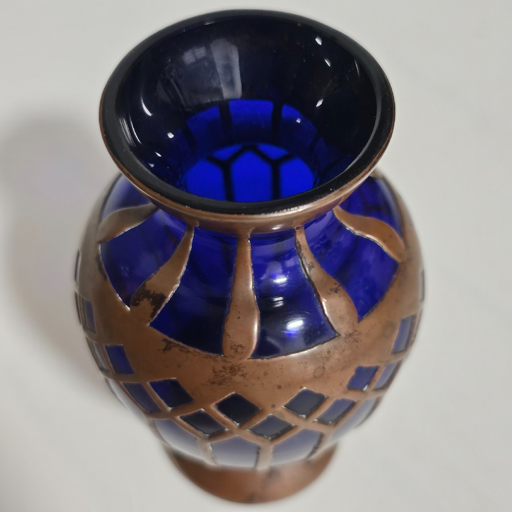 Attractive Jugendstil Copper & Cobalt Blue Glass Vase c1910 View VII