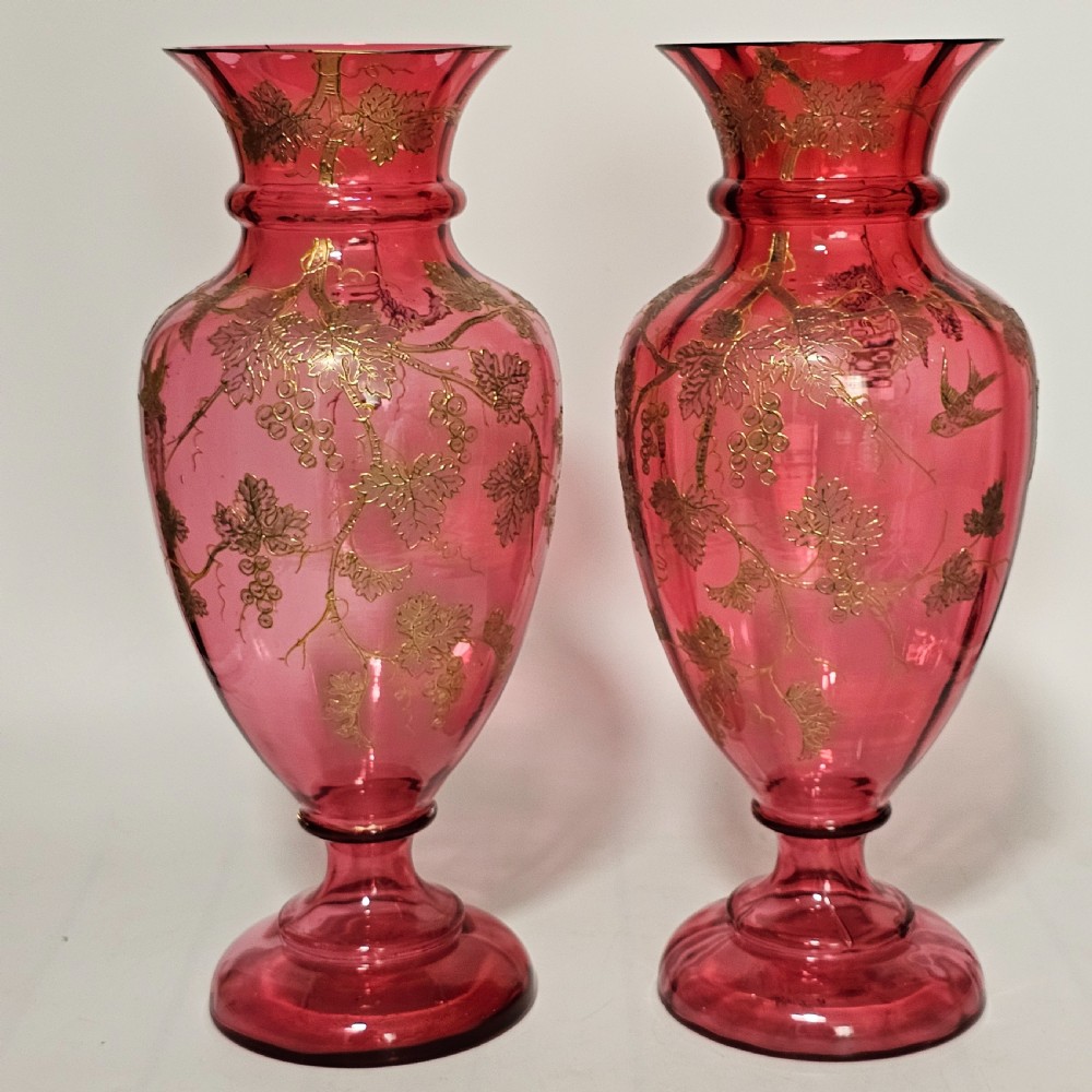 Pair of Large (36 cm) Antique Bohemian Cranberry Glass Vases with Gilded Accents, c.1910
