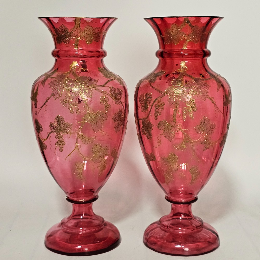 Pair of Large (36 cm) Antique Bohemian Cranberry Glass Vases with Gilded Accents, c.1910
 View IV