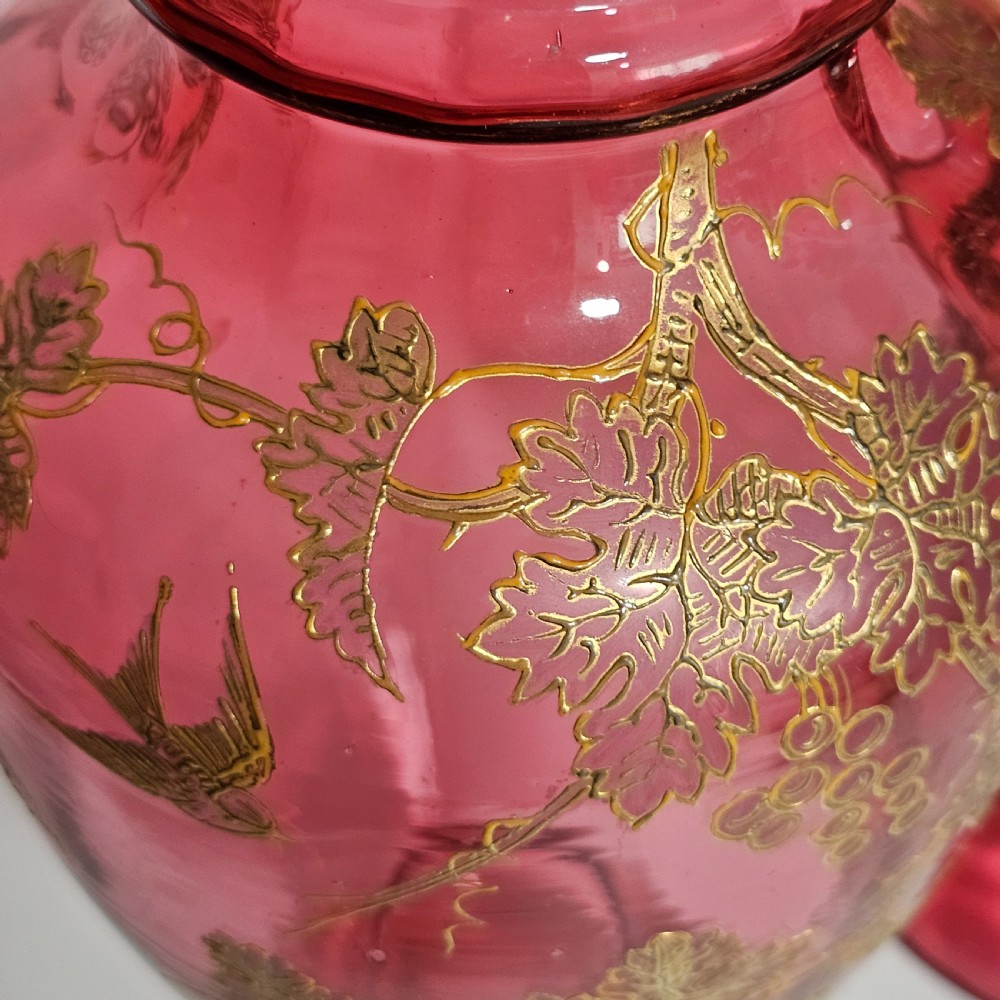 Pair of Large (36 cm) Antique Bohemian Cranberry Glass Vases with Gilded Accents, c.1910
 View V
