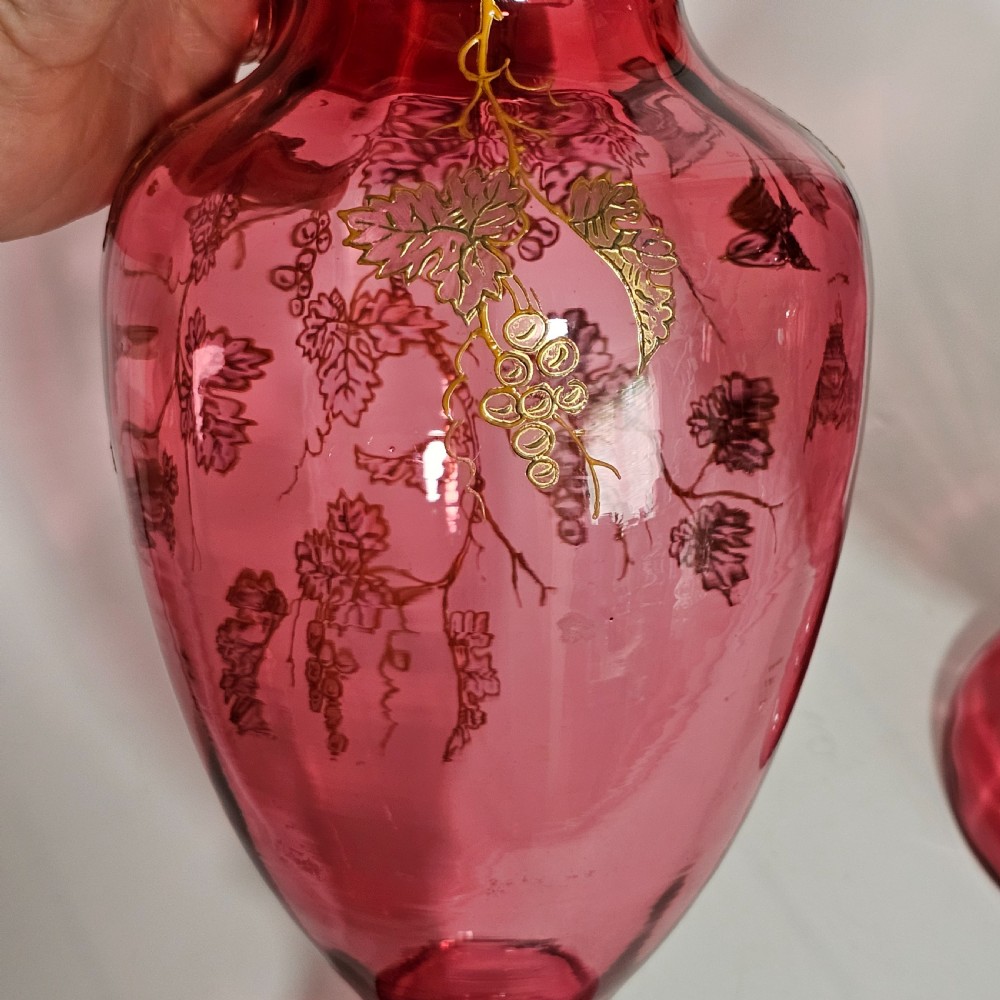 Pair of Large (36 cm) Antique Bohemian Cranberry Glass Vases with Gilded Accents, c.1910
 View VII