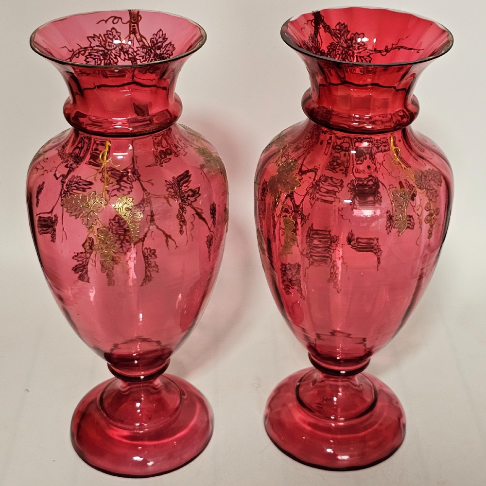 Pair of Large (36 cm) Antique Bohemian Cranberry Glass Vases with Gilded Accents, c.1910
 View IX