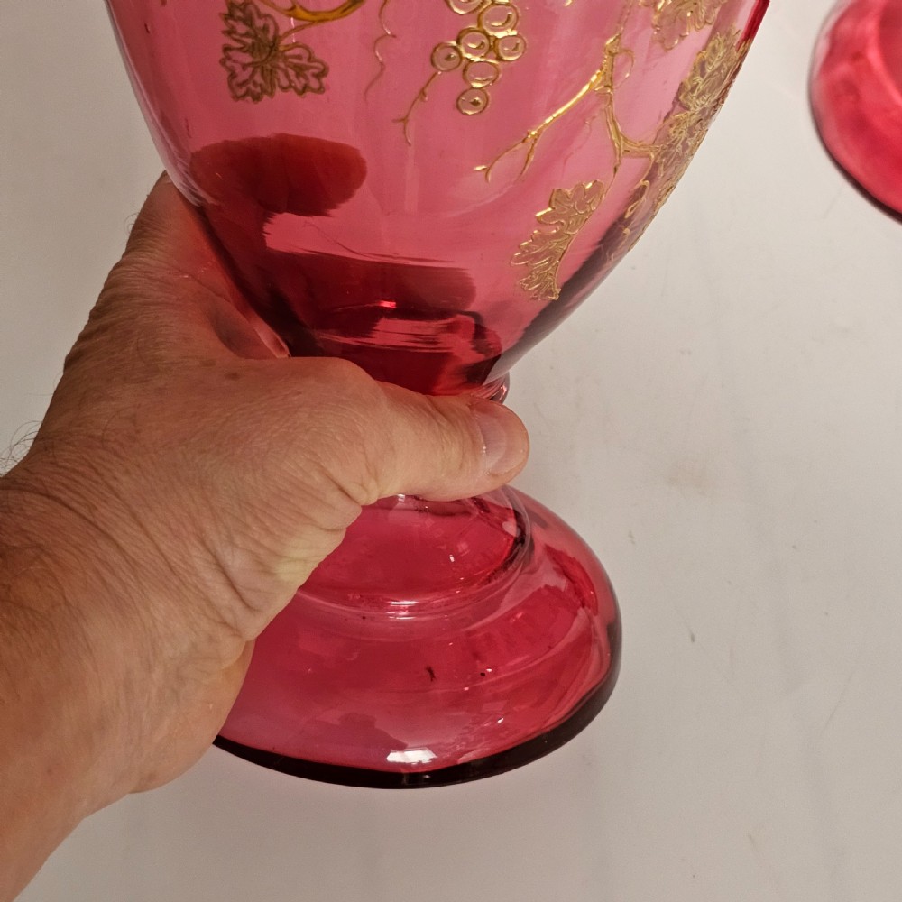 Pair of Large (36 cm) Antique Bohemian Cranberry Glass Vases with Gilded Accents, c.1910
 View X
