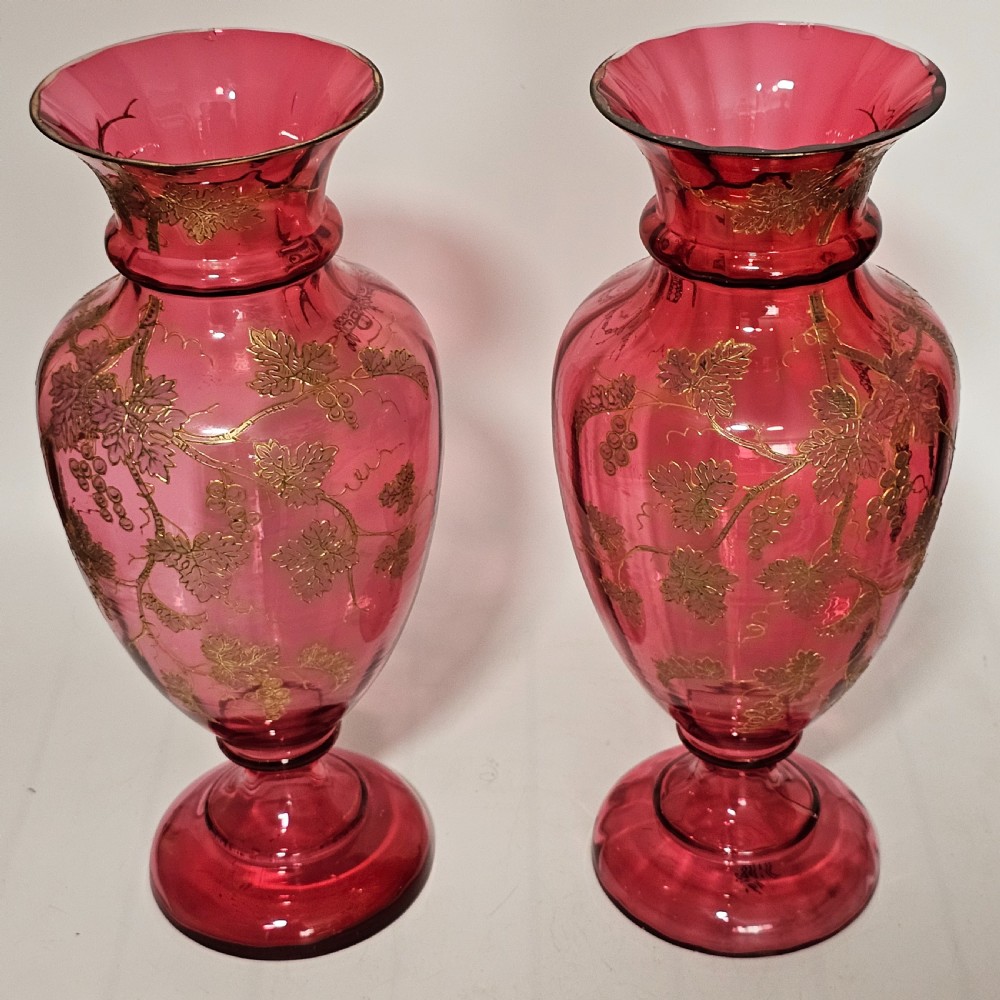 Pair of Large (36 cm) Antique Bohemian Cranberry Glass Vases with Gilded Accents, c.1910
 View XI