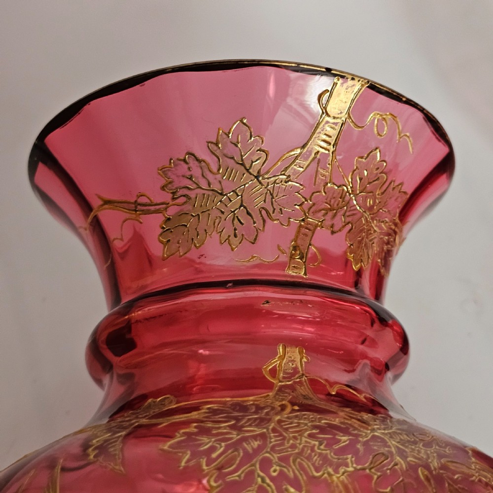 Pair of Large (36 cm) Antique Bohemian Cranberry Glass Vases with Gilded Accents, c.1910
 View XII