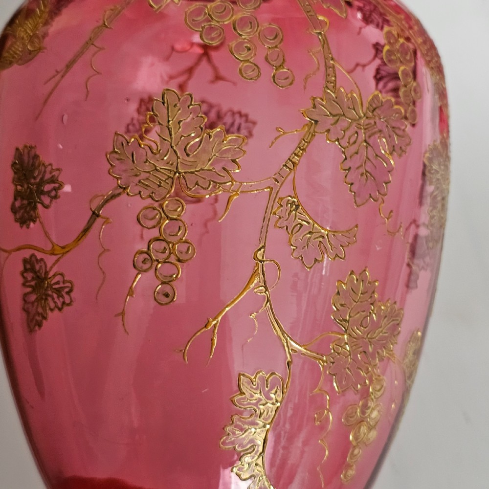 Pair of Large (36 cm) Antique Bohemian Cranberry Glass Vases with Gilded Accents, c.1910
 View XIII