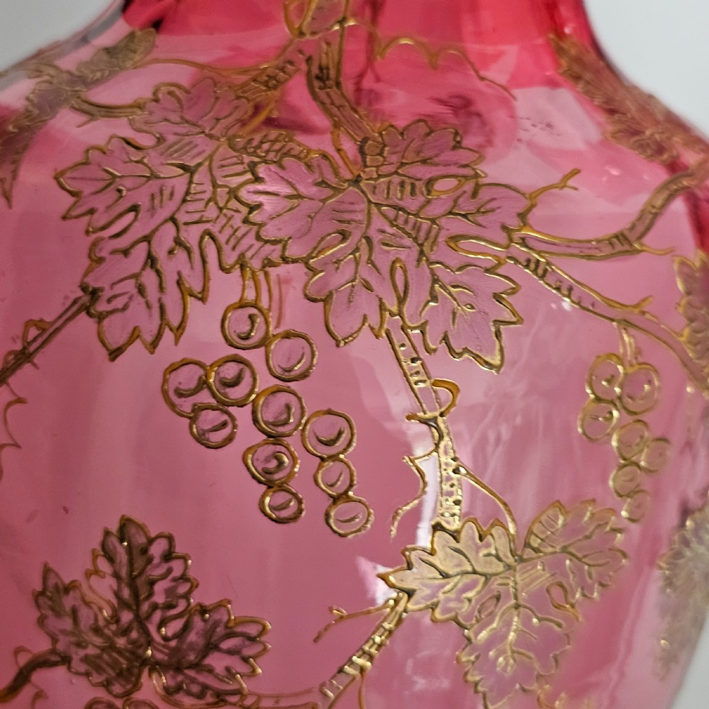 Pair of Large (36 cm) Antique Bohemian Cranberry Glass Vases with Gilded Accents, c.1910
 View XIV