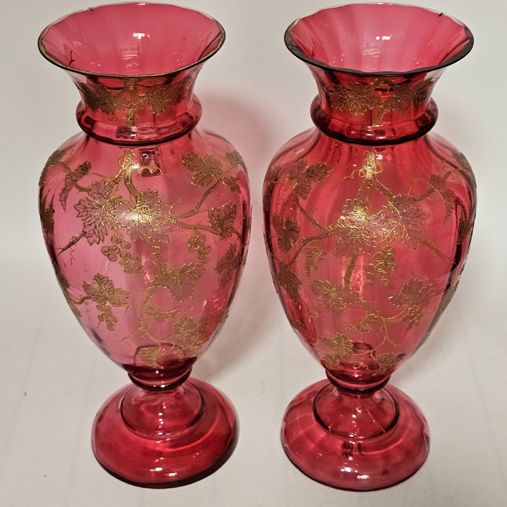 Pair of Large (36 cm) Antique Bohemian Cranberry Glass Vases with Gilded Accents, c.1910
 View XVI