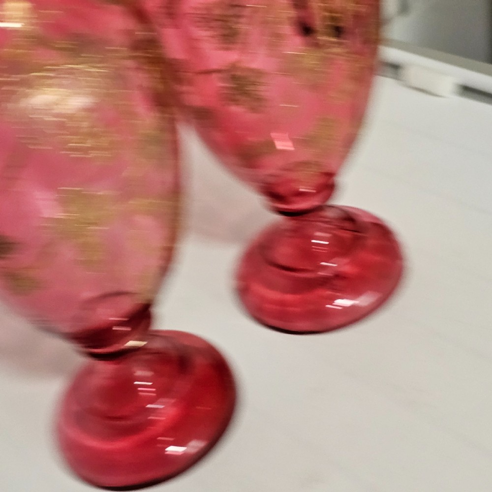 Pair of Large (36 cm) Antique Bohemian Cranberry Glass Vases with Gilded Accents, c.1910
 View XVII
