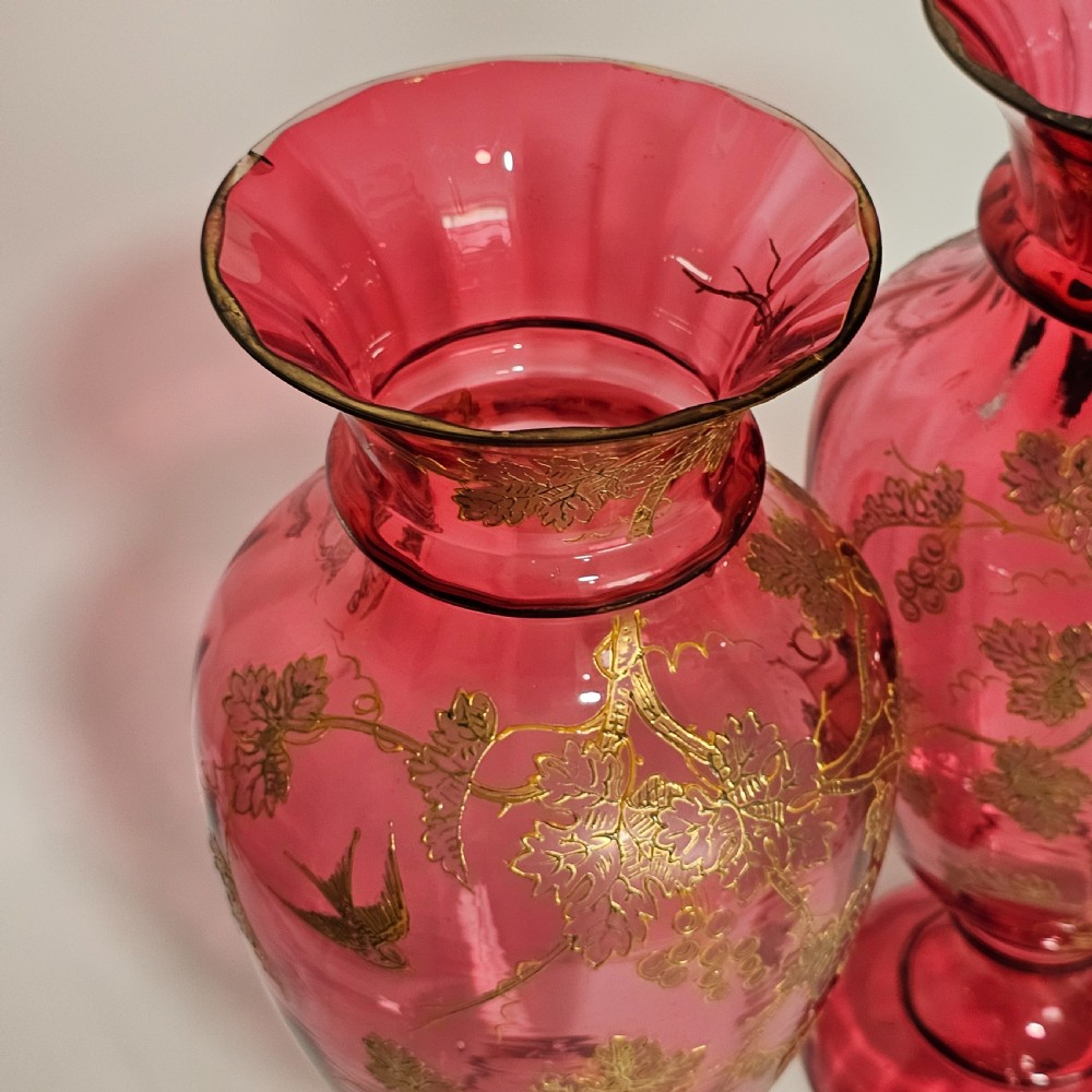 Pair of Large (36 cm) Antique Bohemian Cranberry Glass Vases with Gilded Accents, c.1910
 View XVIII