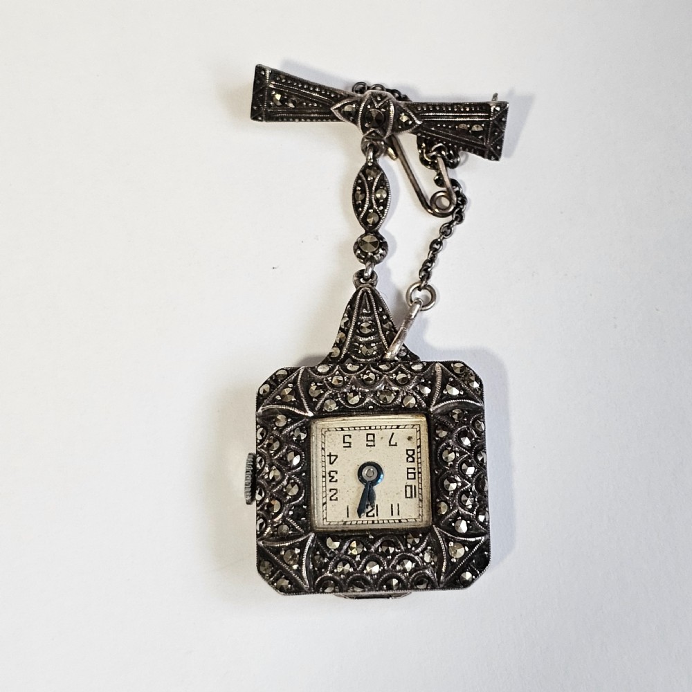 Vintage Sterling Silver & Marcasite Vintage Nurses Watch Brooch - Working