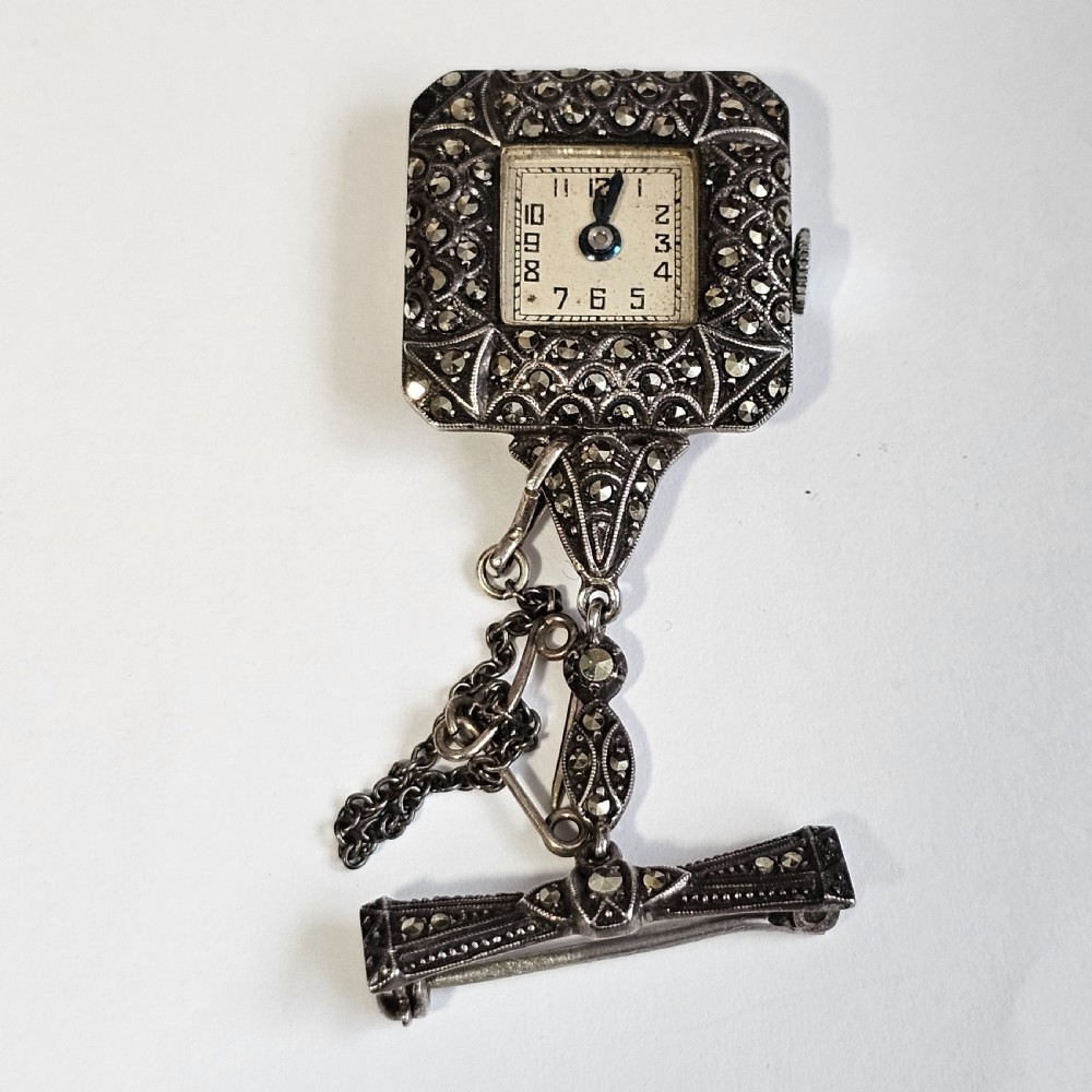 Vintage Sterling Silver & Marcasite Vintage Nurses Watch Brooch - Working View II