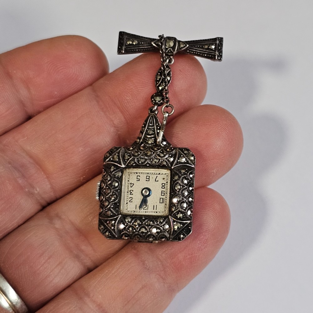 Vintage Sterling Silver & Marcasite Vintage Nurses Watch Brooch - Working View V