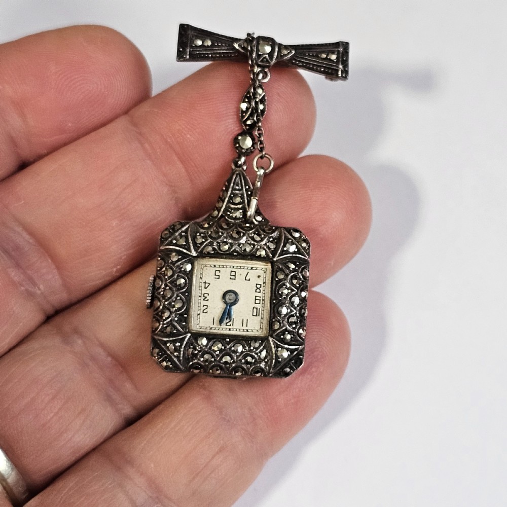 Vintage Sterling Silver & Marcasite Vintage Nurses Watch Brooch - Working View VII