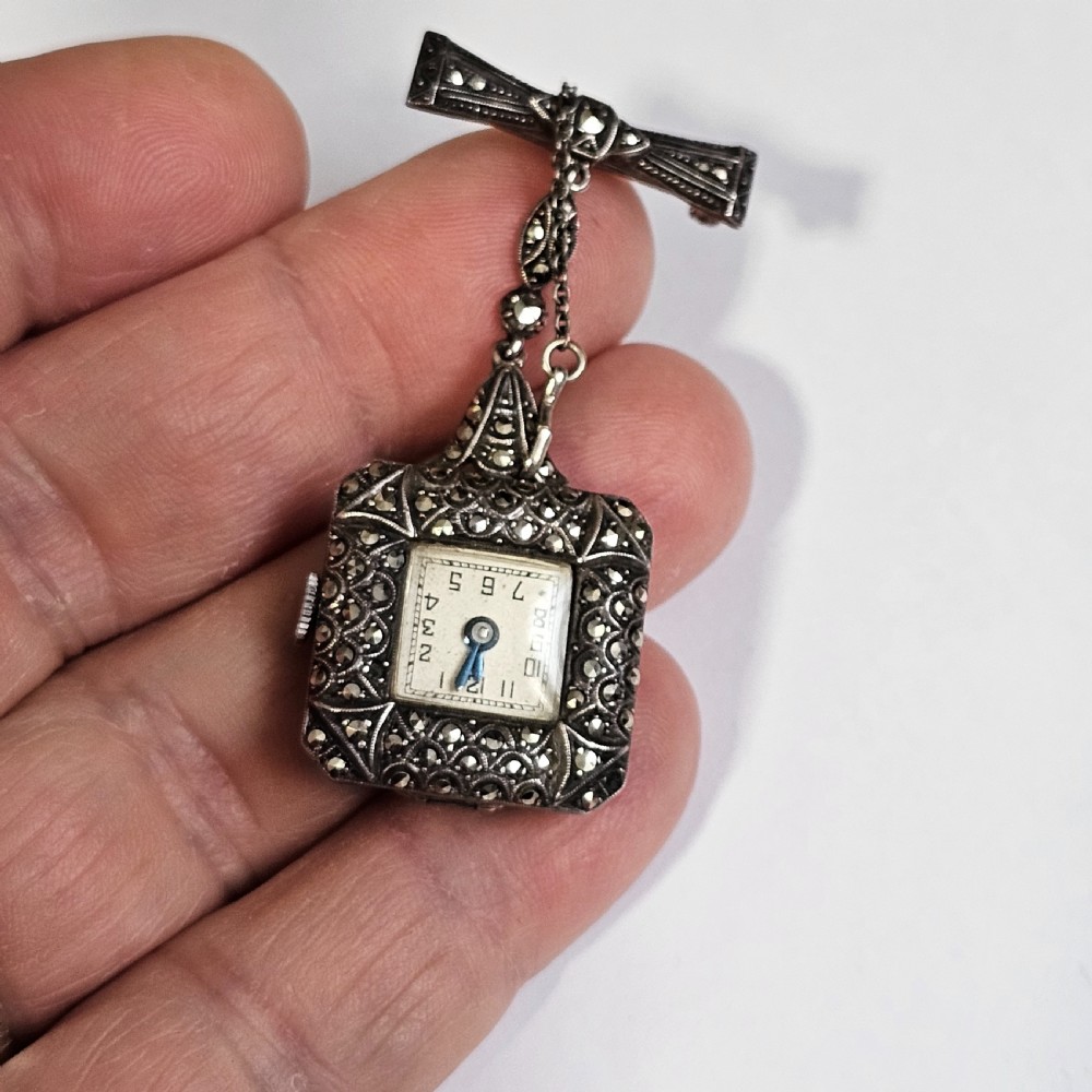 Vintage Sterling Silver & Marcasite Vintage Nurses Watch Brooch - Working View VIII