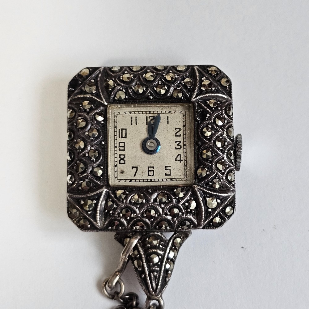 Vintage Sterling Silver & Marcasite Vintage Nurses Watch Brooch - Working View XI