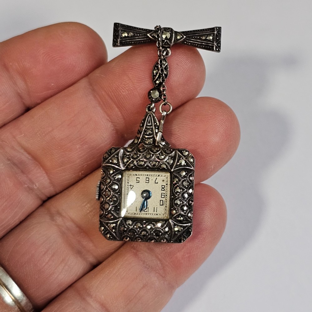 Vintage Sterling Silver & Marcasite Vintage Nurses Watch Brooch - Working View XII