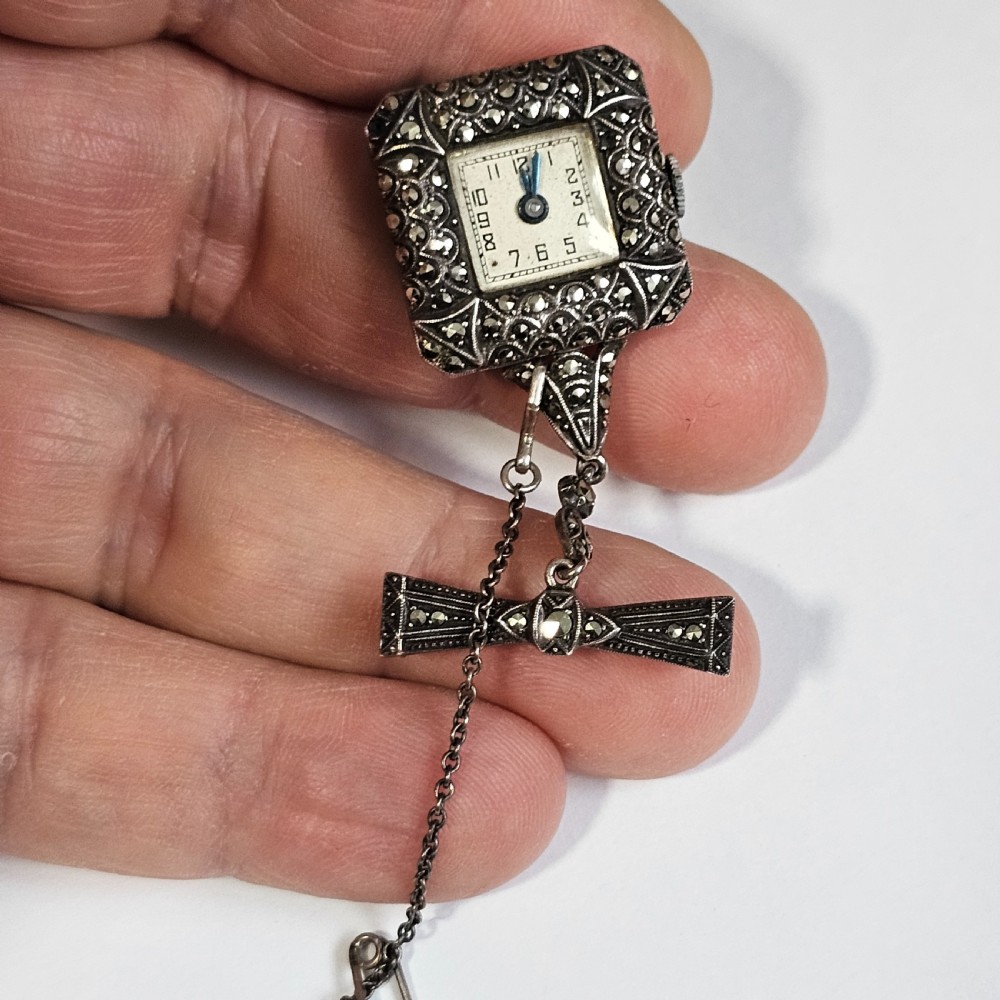 Vintage Sterling Silver & Marcasite Vintage Nurses Watch Brooch - Working View XIII