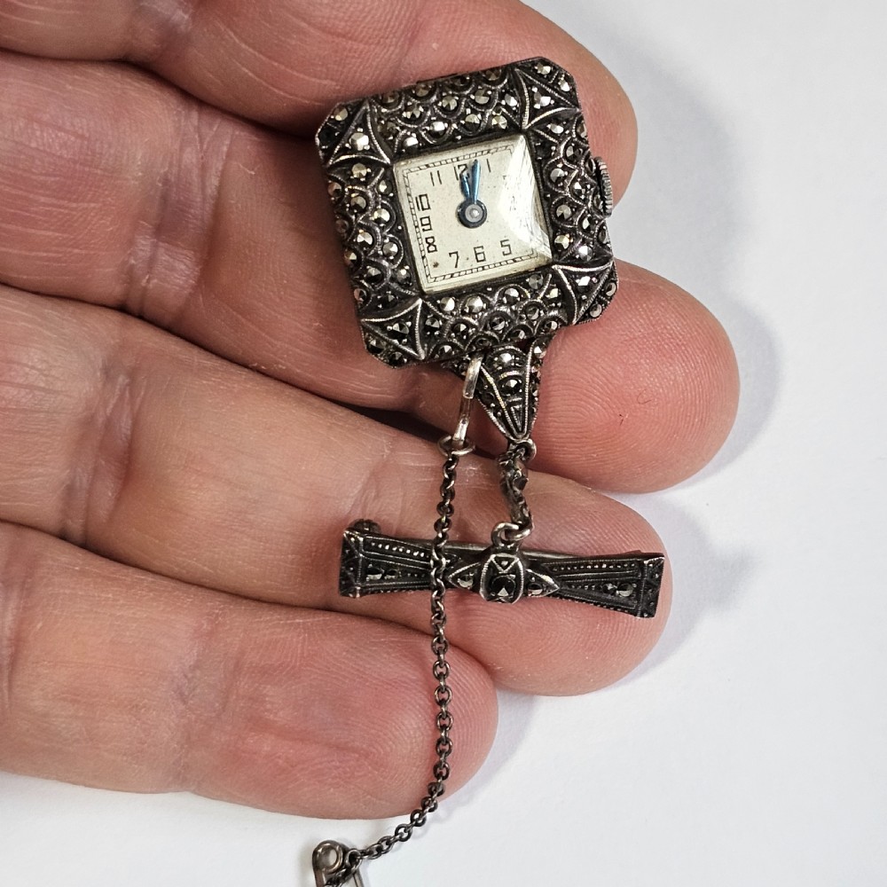 Vintage Sterling Silver & Marcasite Vintage Nurses Watch Brooch - Working View XIV