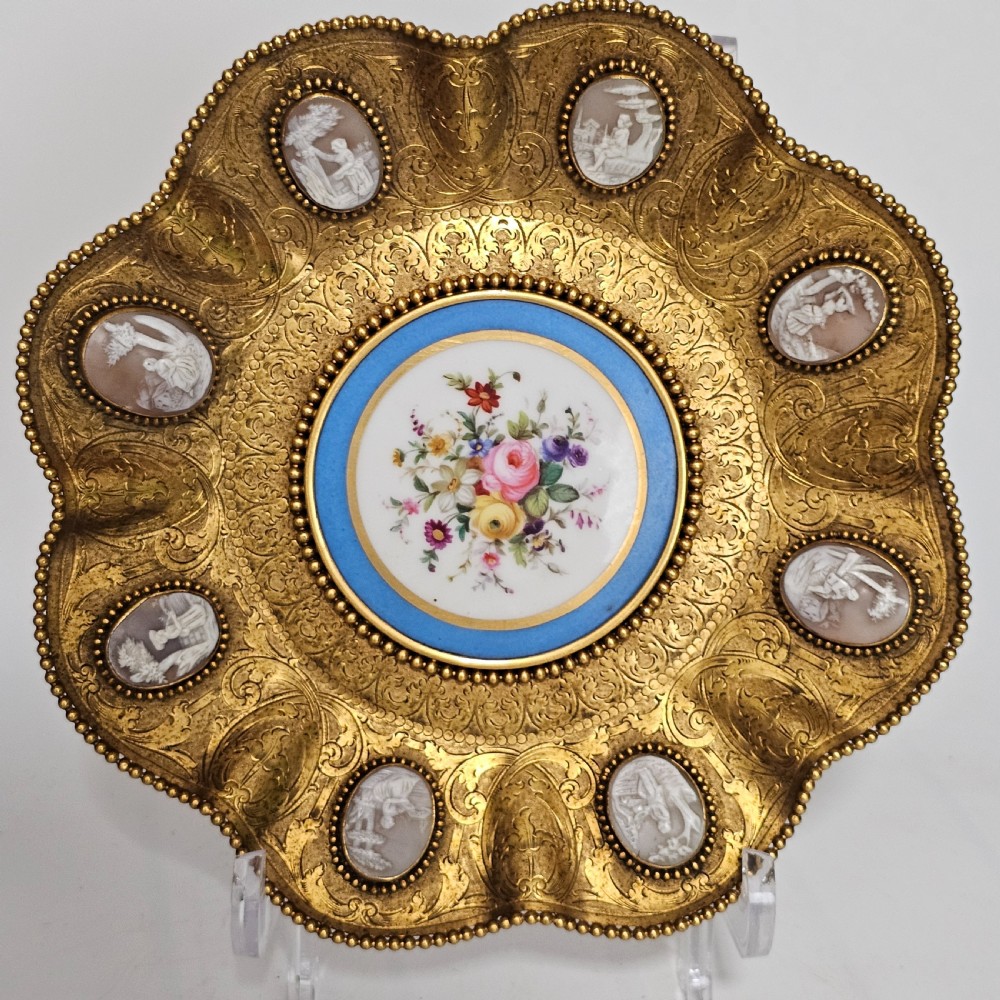 Striking 19thc Sevres Mounted Gilt Brass Dish Surrounded by Antique Cameos