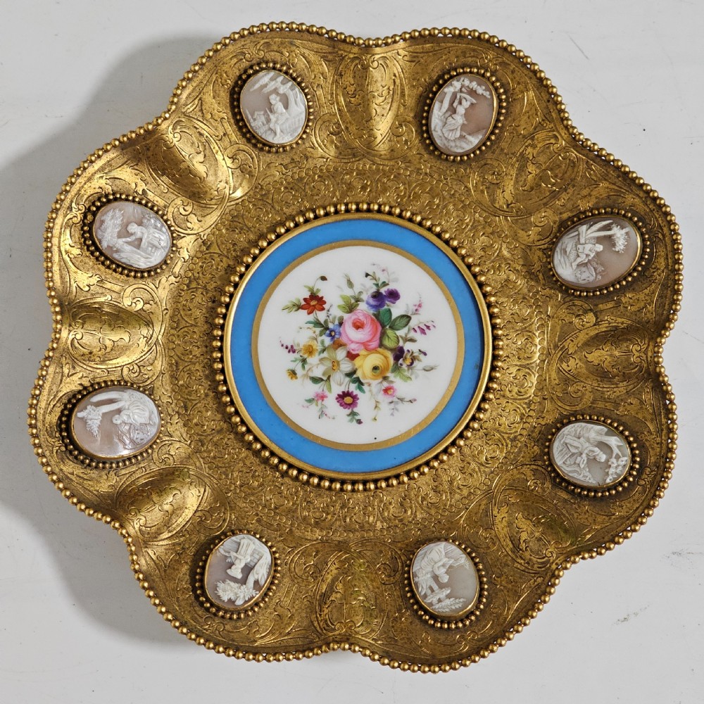 Striking 19thc Sevres Mounted Gilt Brass Dish Surrounded by Antique Cameos View II