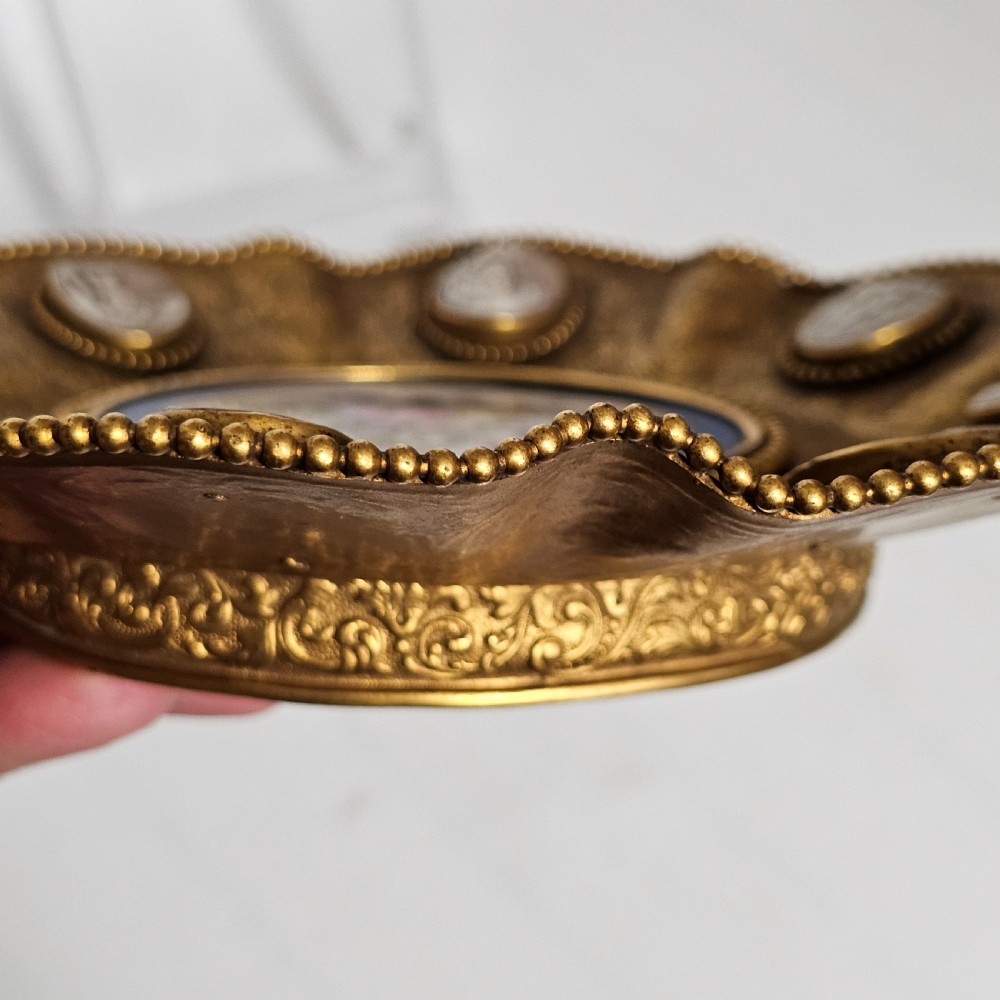 Striking 19thc Sevres Mounted Gilt Brass Dish Surrounded by Antique Cameos View XV