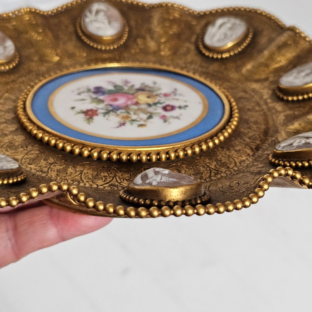 Striking 19thc Sevres Mounted Gilt Brass Dish Surrounded by Antique Cameos View XVI