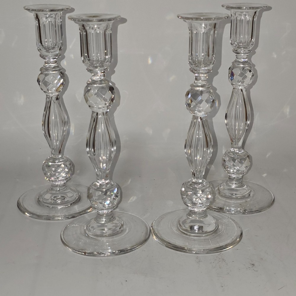 Set of Four Matching Crystal Cut Candlesticks Late 19thc
