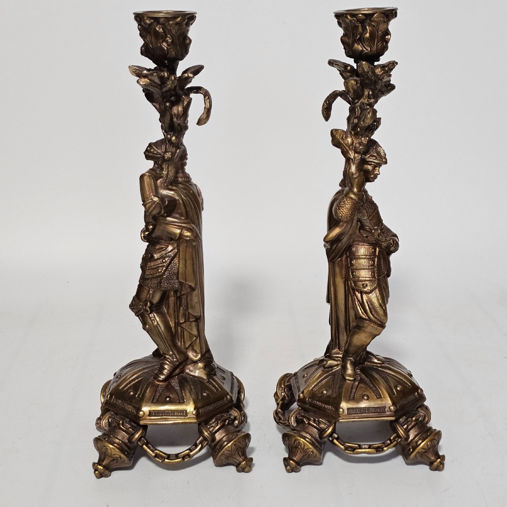 Attractive 19thc Pr of Gilded Bronze Candlesticks Modelled as Knights View II