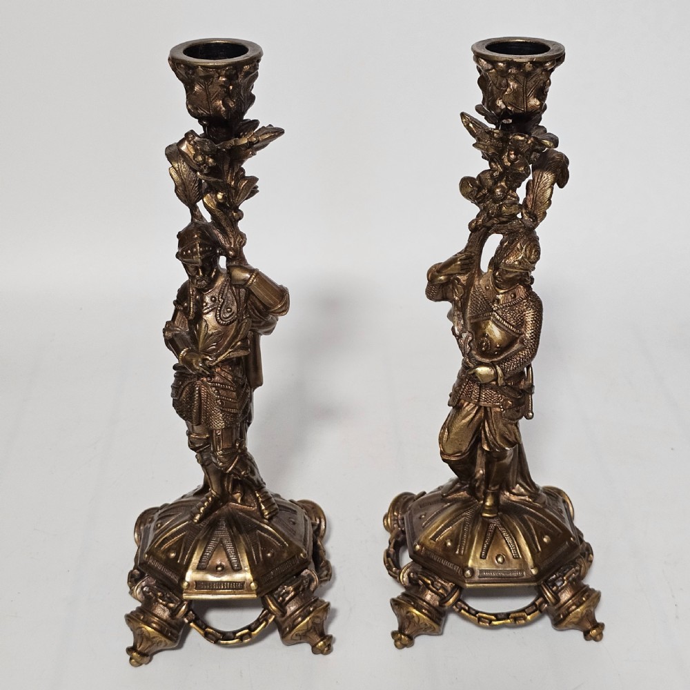 Attractive 19thc Pr of Gilded Bronze Candlesticks Modelled as Knights