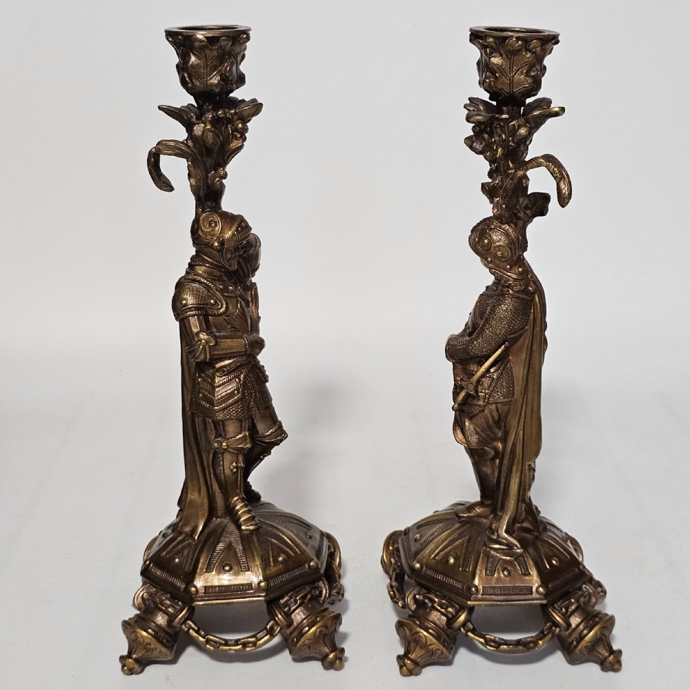 Attractive 19thc Pr of Gilded Bronze Candlesticks Modelled as Knights View III