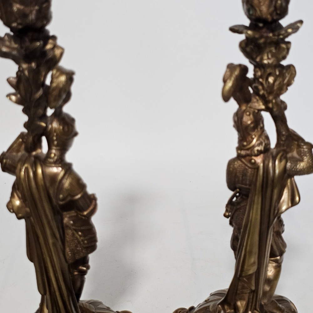 Attractive 19thc Pr of Gilded Bronze Candlesticks Modelled as Knights View IV