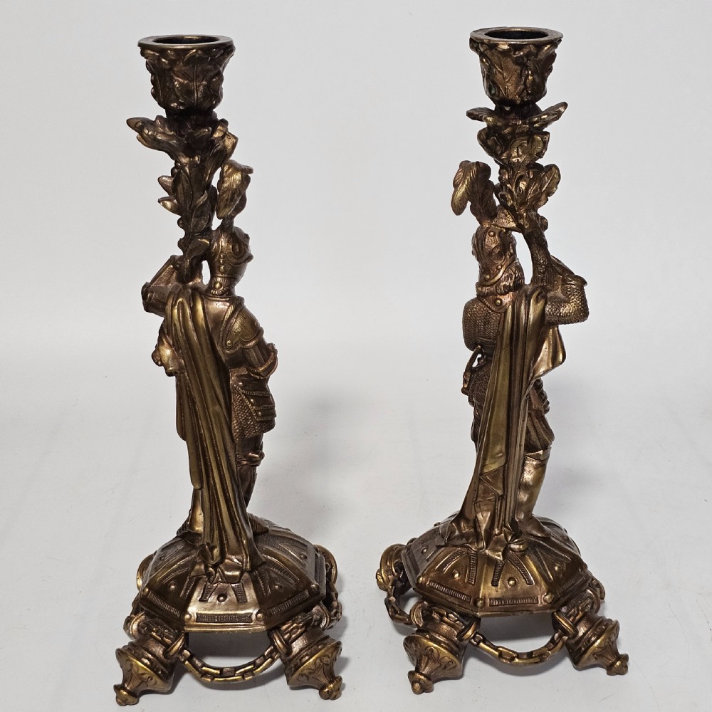 Attractive 19thc Pr of Gilded Bronze Candlesticks Modelled as Knights View V