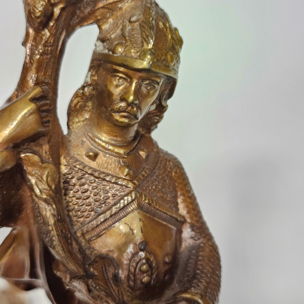 Attractive 19thc Pr of Gilded Bronze Candlesticks Modelled as Knights View VI