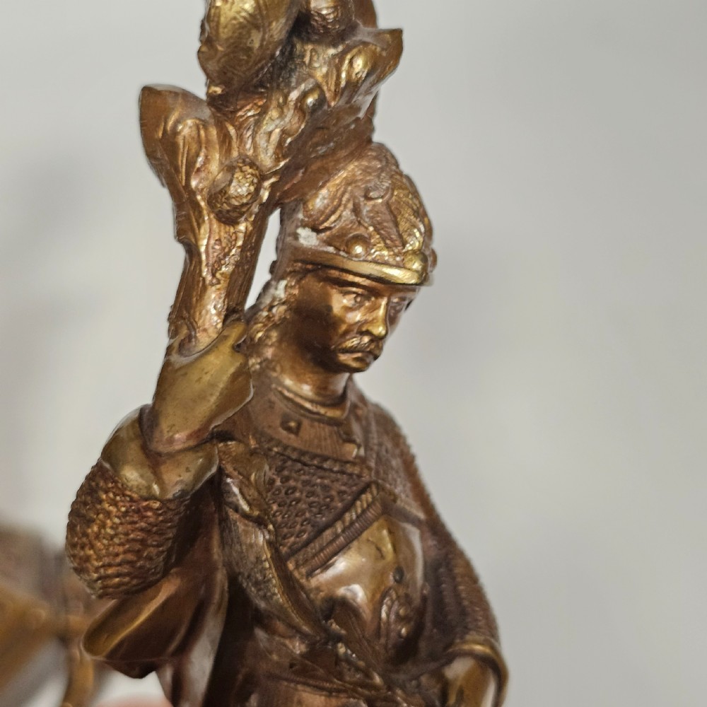 Attractive 19thc Pr of Gilded Bronze Candlesticks Modelled as Knights View VII
