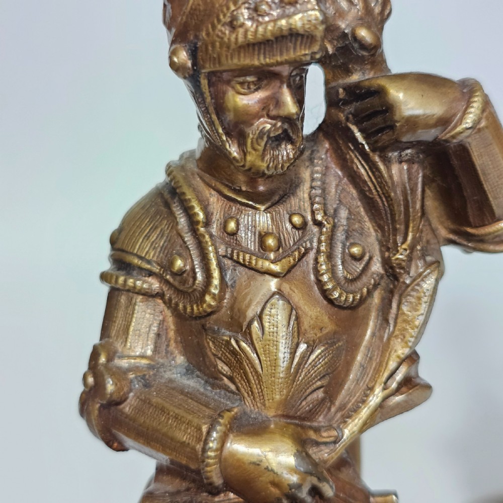 Attractive 19thc Pr of Gilded Bronze Candlesticks Modelled as Knights View VIII