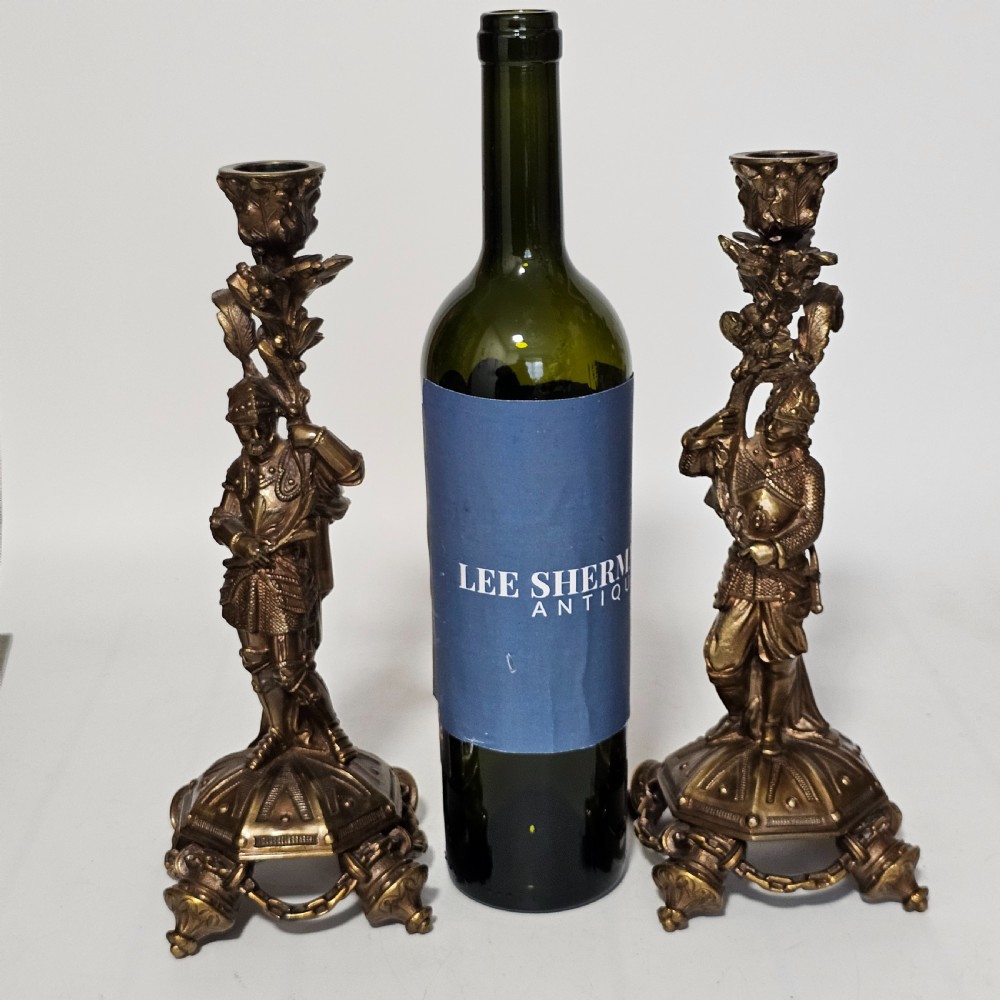 Attractive 19thc Pr of Gilded Bronze Candlesticks Modelled as Knights View IX
