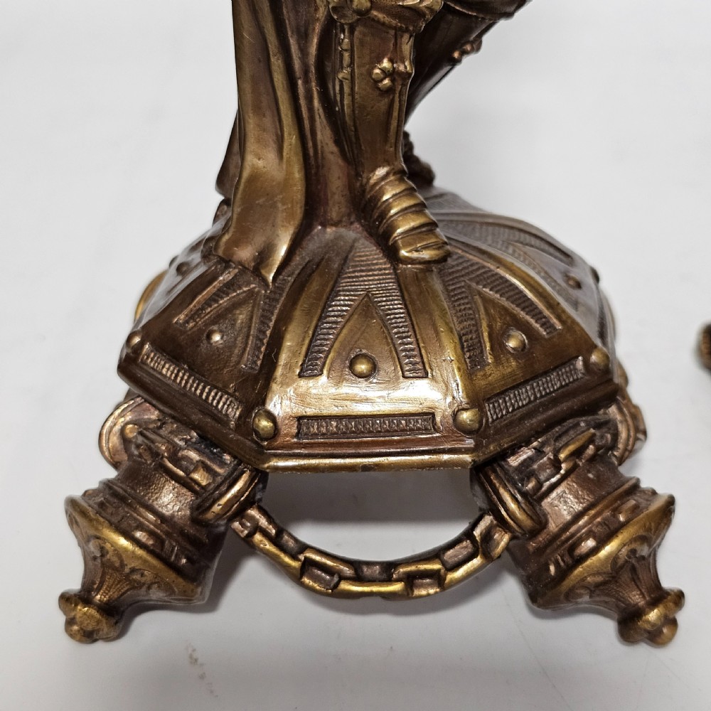 Attractive 19thc Pr of Gilded Bronze Candlesticks Modelled as Knights View X